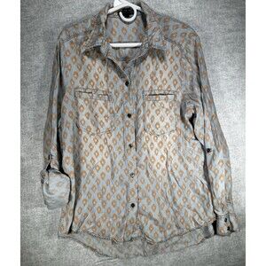 SIGNATURE STUDIO Womens Large Button Down Shirt Blue Orange Pattern Chambray